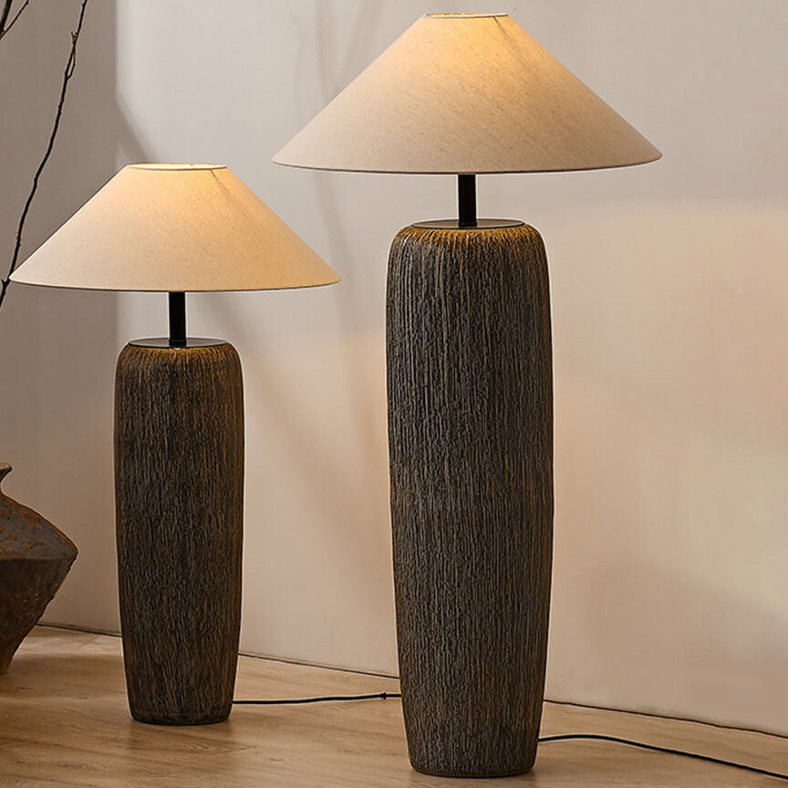 Japanese Wabi-sabi Fabric Shade Ceramic Column Base 1-Light Standing Floor Lamp Lumendat