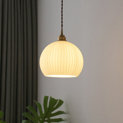Modern Simplicity Ribbed Glass Semicircle Shade Copper 1-light Pendant Light for Living Room