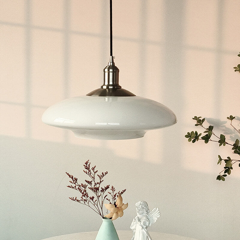 French Modern Cream Oval Glass Metal 1-light Pendant Light