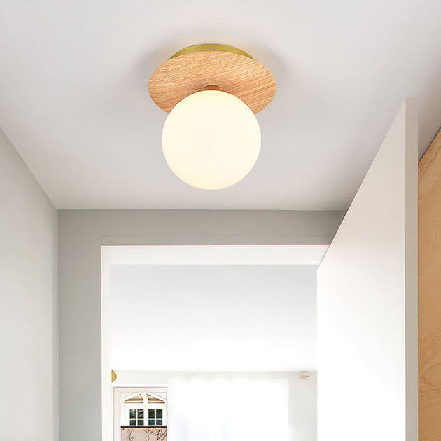Japanese Minimalist Glass Iron Woodgrain 1-light Semi-flush Mount Ceiling Light