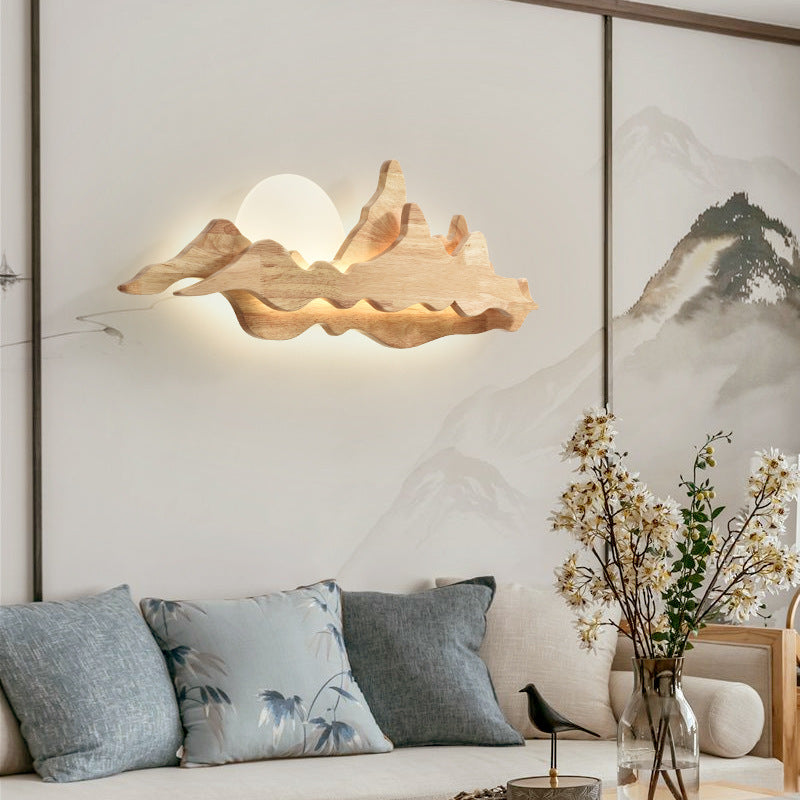 Modern Art Deco Round Mountain Shaped Wood Acrylic LED Wall Sconce Lamp For Living Room Lumendat