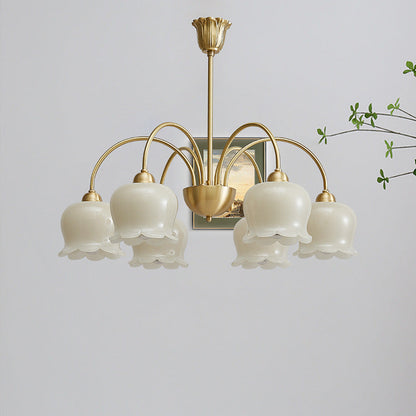 Traditional French Cream Floral Copper Glass 5/6/8 Light Chandelier for Living Room