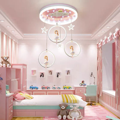 Modern Art Deco Round Astronaut Fairy Princess Acrylic Iron LED Flush Mount Ceiling Light for Bedroom