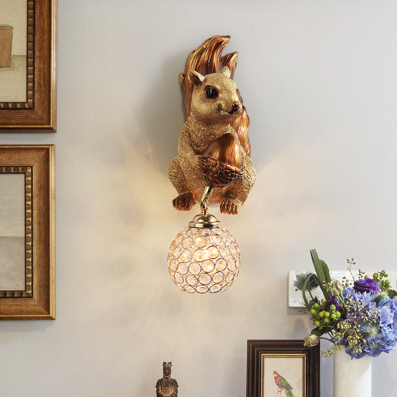 Lumendat Traditional European Kids Squirrel Ball Crystal Resin 1-Light Wall Sconce Lamp For Bedside Lumendat
