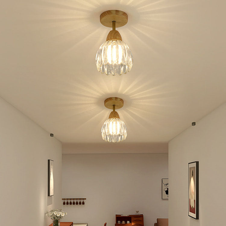 Japanese Vintage Wood Glass Cone Flower 1-light Semi-flush Mount Ceiling Light