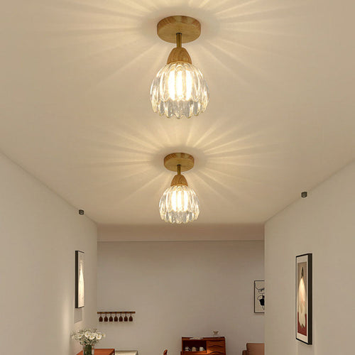Japanese Vintage Wood Glass Cone Flower 1-light Semi-flush Mount Ceiling Light