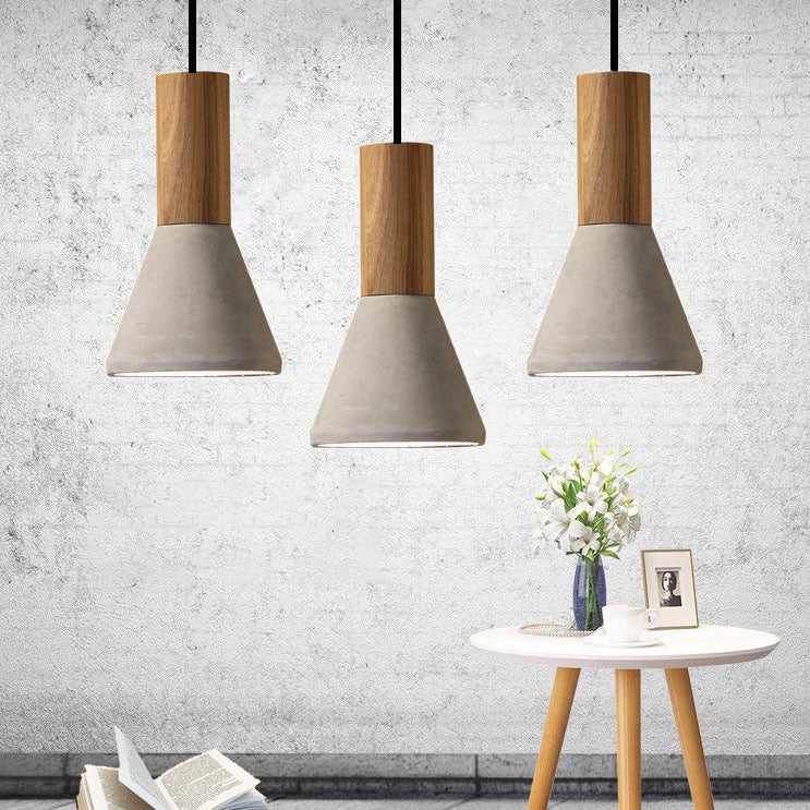 Contemporary Industrial Round Cone Triangle Cement Rubber Wood 1-light Pendant Light for Living Room BulbSquare