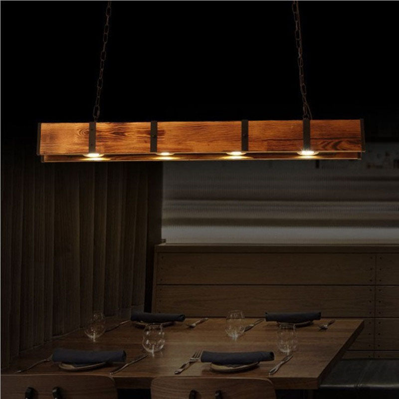 Traditional Vintage Solid Wood Long Bar LED Island Light Chandelier for Dining Room BulbSquare