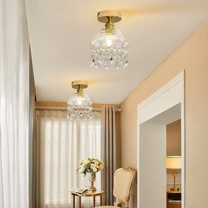 Modern Minimalist Round Floral Full Copper Crystal Glass 1-Light Semi-Flush Mount Ceiling Light For Living Room