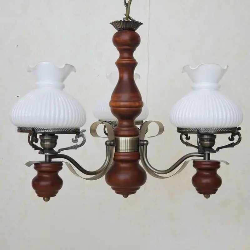 Traditional Rustic Candelabra Round Flower Iron Solid Wood 3-light Chandelier for Living Room BulbSquare