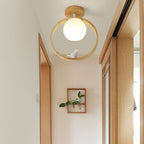 Traditional Japanese Wood Circle Ring Glass Ball Shade Bird 1-Light Semi-Flush Mount Ceiling Light For Living Room