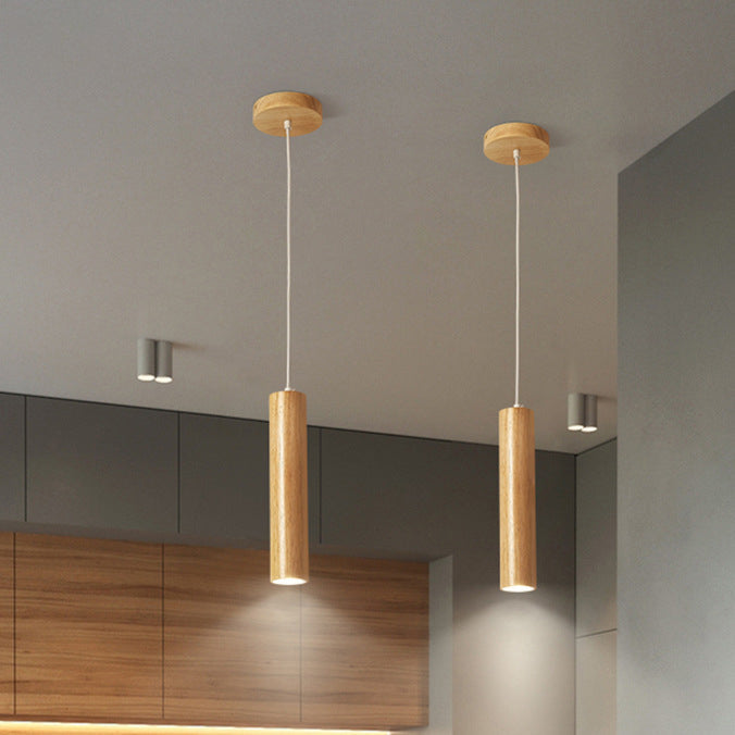 Modern Minimalist Rubberwood Cylinder Spotlight LED Pendant Light for Bedroom BulbSquare