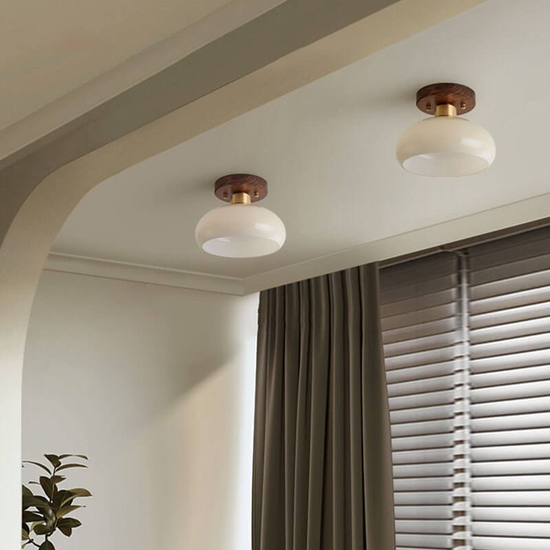 Creative Vintage Walnut Brass Round 1-Light Semi-Flush Mount Ceiling Light Lumendat