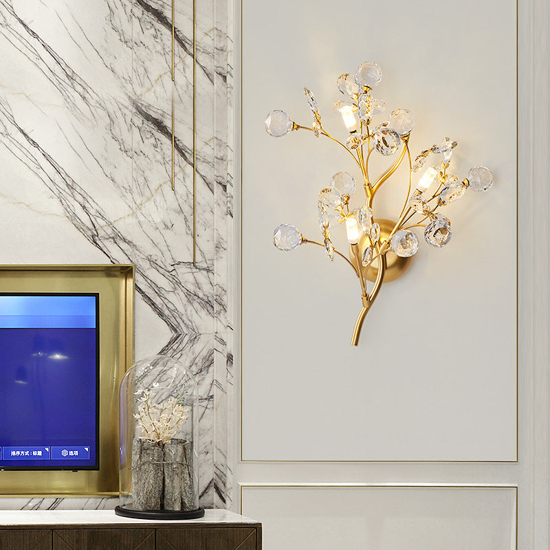 Modern Luxury Crystal Floral Branch Iron 3-Light Wall Sconce Lamp For Living Room