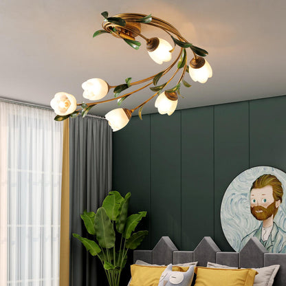 Traditional French Floral Iron Glass 6-light Flush Mount Ceiling Light for Living Room