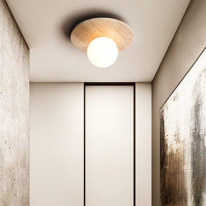 Japanese Minimalist Round Yellow Travertine Shade 1-light Semi-flush Mount Ceiling Light