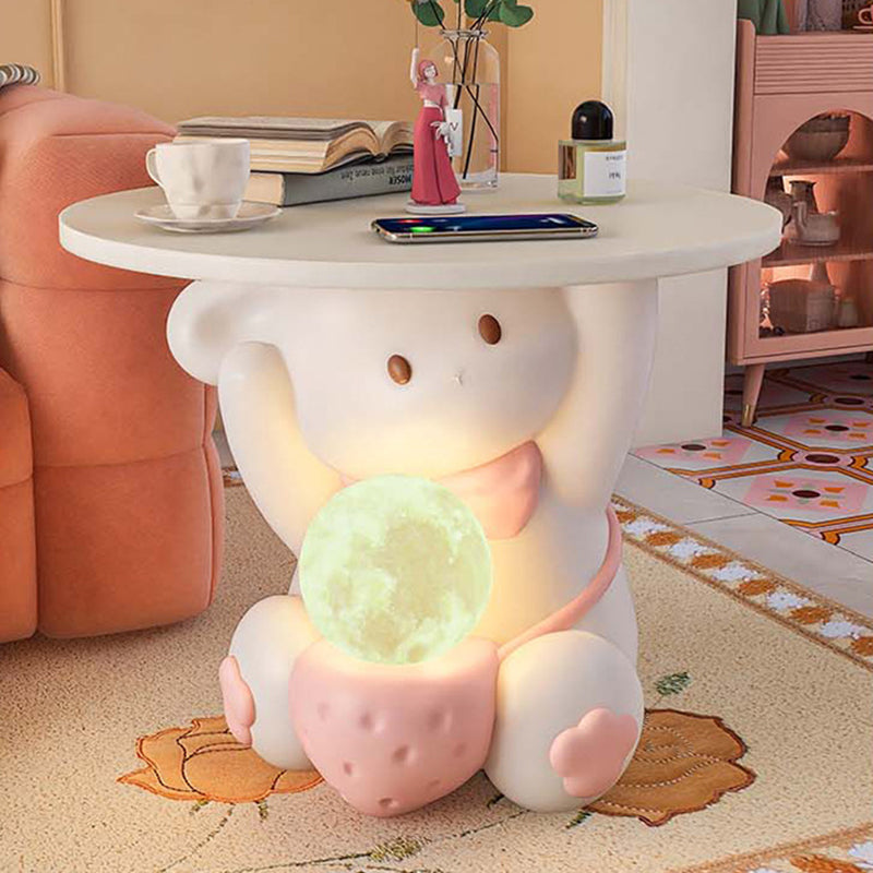Lumendat Modern Art Deco Kids Rabbit Round Plate Rectangular Drawer Resin Wood Enamel End Table 1-Drawer With LED Light For Bedroom Lumendat