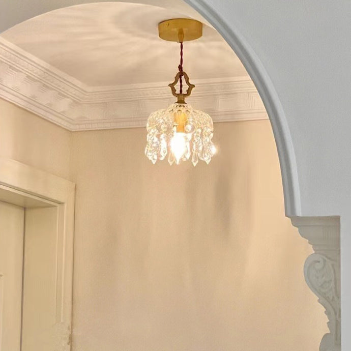Modern Art Deco Brass Checkered Glass Shade Crystal Beads 1-light Pendant Light for Living Room