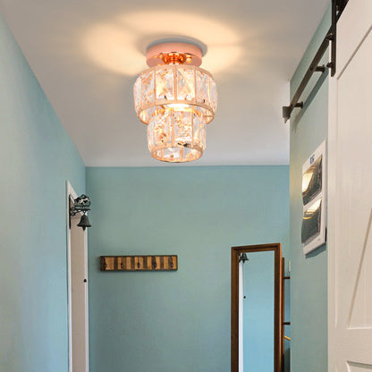 Contemporary Luxury Stainless Steel Frame Double Crystal Rings 1-Light Semi-Flush Mount Ceiling Light For Living Room