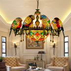 Traditional Tiffany Metal Glass Dome Parrot 11-light Chandeliers for Living Room BulbSquare