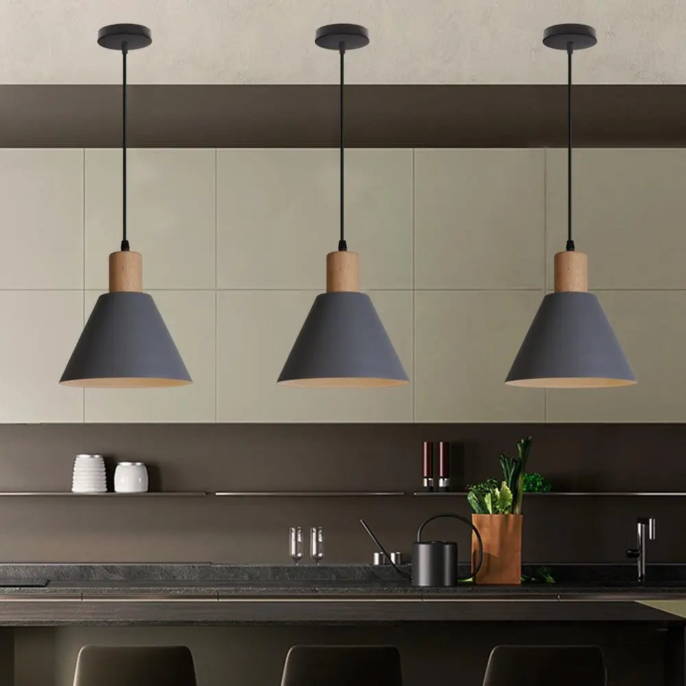 Nordic Vintage Iron Cone Wood Top 1-light Pendant Light Lumendat