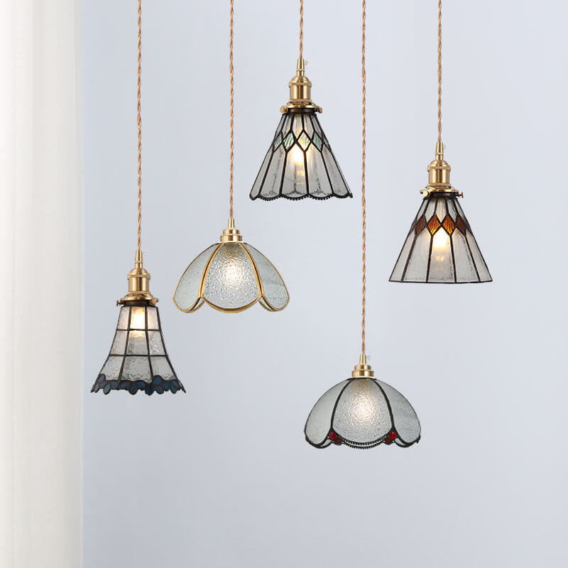 Japanese Vintage Brass Stained Glass Cone 1-light Pendant Light BulbSquare