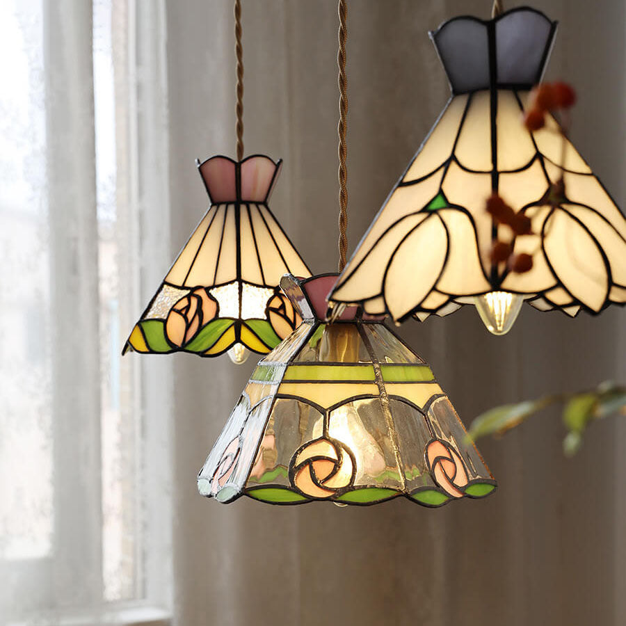 Vintage Tiffany Rose Flower Conical Stained Glass 1-light Pendant Light BulbSquare