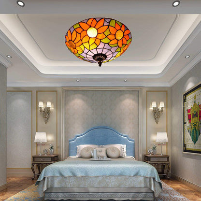 Traditional Tiffany Dome Sunflower Iron Glass 2-light Flush Mount Ceiling Light for Living Room