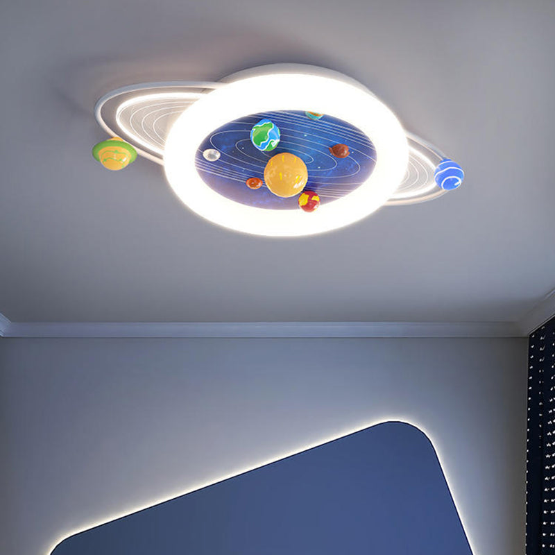 Modern Minimalist Children Round Planet Iron Resin Acrylic LED Flush Mount Ceiling Light for Bedroom