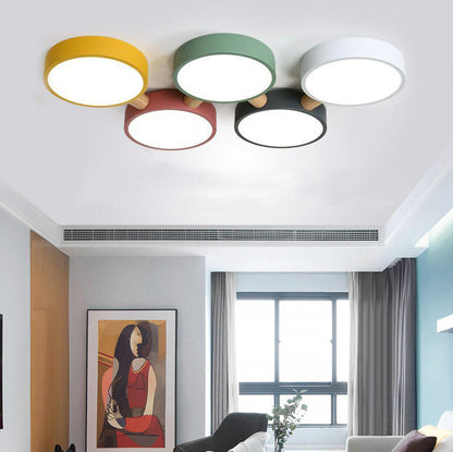 Contemporary Scandinavian Macaron Iron Geometric Round Shade Wood Splicing LED Flush Mount Ceiling Light for Bedroom