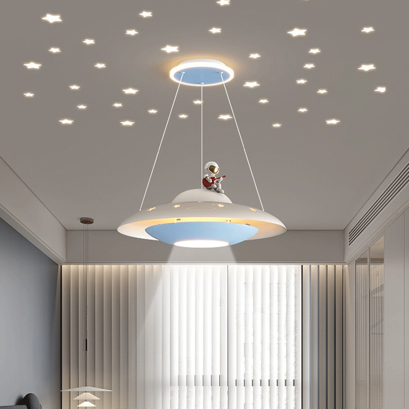 Lumendat Modern Art Deco Kids Iron Acrylic UFO Spaceship Astronaut Round LED Pendant Light For Bedroom Lumendat