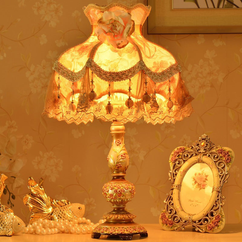Contemporary Scandinavian Sculpted Floral Resin Iron Metal Fabric 1-Light Table Lamp For Bedroom Lumendat