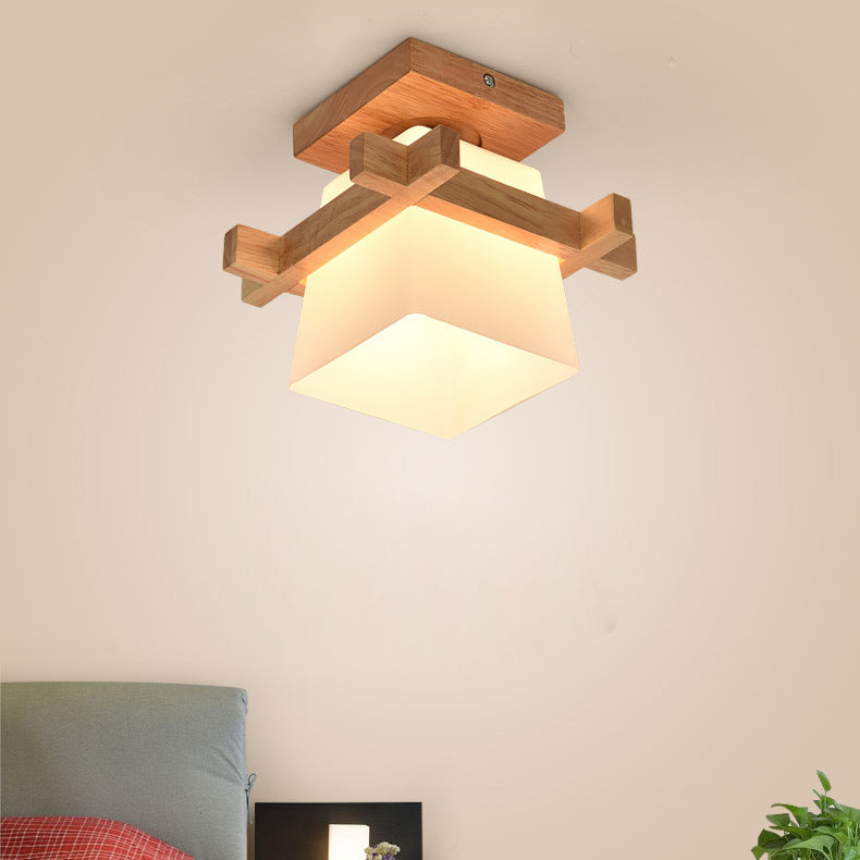 Traditional Japanese Wood Frame Glass Column 1-light Semi-flush Mount Ceiling Light for Living Room
