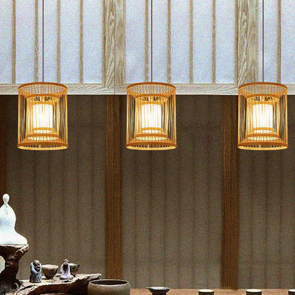 Traditional Chinese Round Vertical Bamboo 1-light Pendant Light for Living Room
