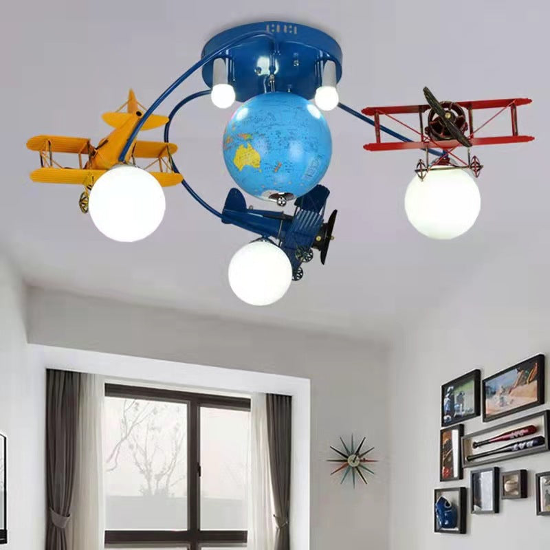 Lumendat Modern Art Deco Orb Airplane Globe Glass Iron Kids 6-Light Flush Mount Ceiling Light For Bedroom Lumendat