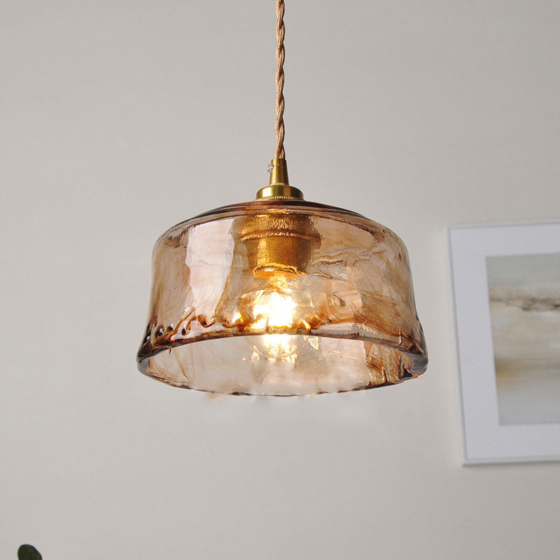 Traditional Vintage Amber Drum Round Glass Brass 1-Light Pendant Light For Living Room Lumendat