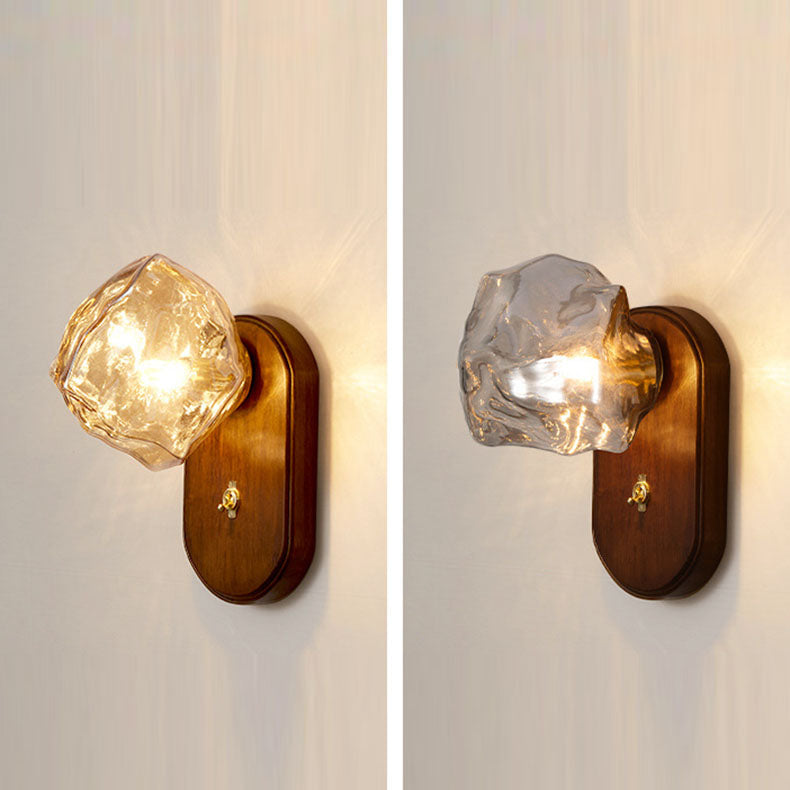 Traditional Japanese Oval Ice Cube Shape Solid Wood Glass 1-Light Wall Sconce Lamp For Bedroom Lumendat