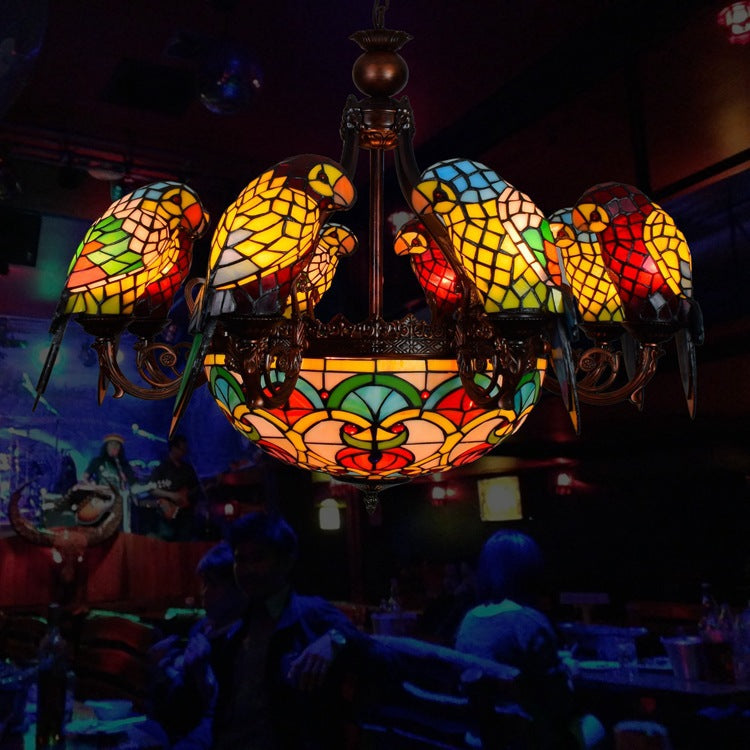 Traditional Tiffany Metal Glass Dome Parrot 11-light Chandeliers for Living Room BulbSquare