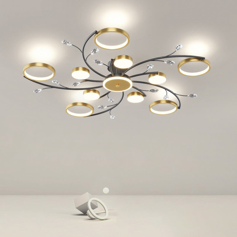 Modern Luxury Branch Round Metal Iron Acrylic Crystal Silicone LED Semi-flush Mount Ceiling Light for Living Room