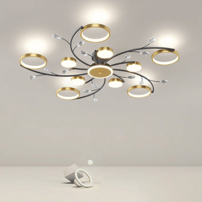 Modern Luxury Branch Round Metal Iron Acrylic Crystal Silicone LED Semi-flush Mount Ceiling Light for Living Room