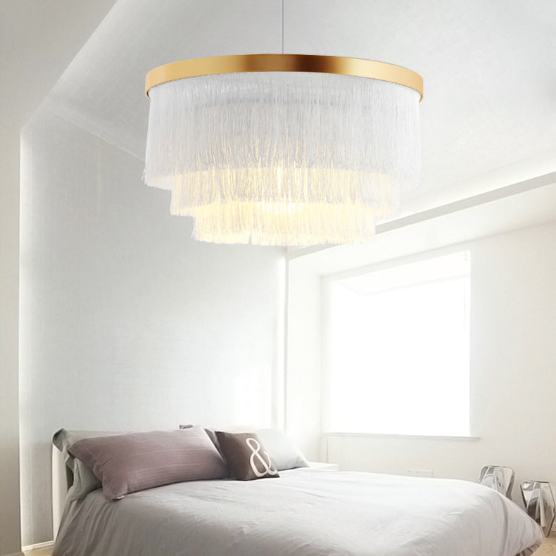 Contemporary Scandinavian Tassel Round Silk Polyester Iron 1-light Pendant Light for Bedroom