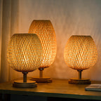 Traditional Chinese Moso Bamboo Wood Iron Weaving Oval Round 1-Light Table Lamp For Bedroom Lumendat