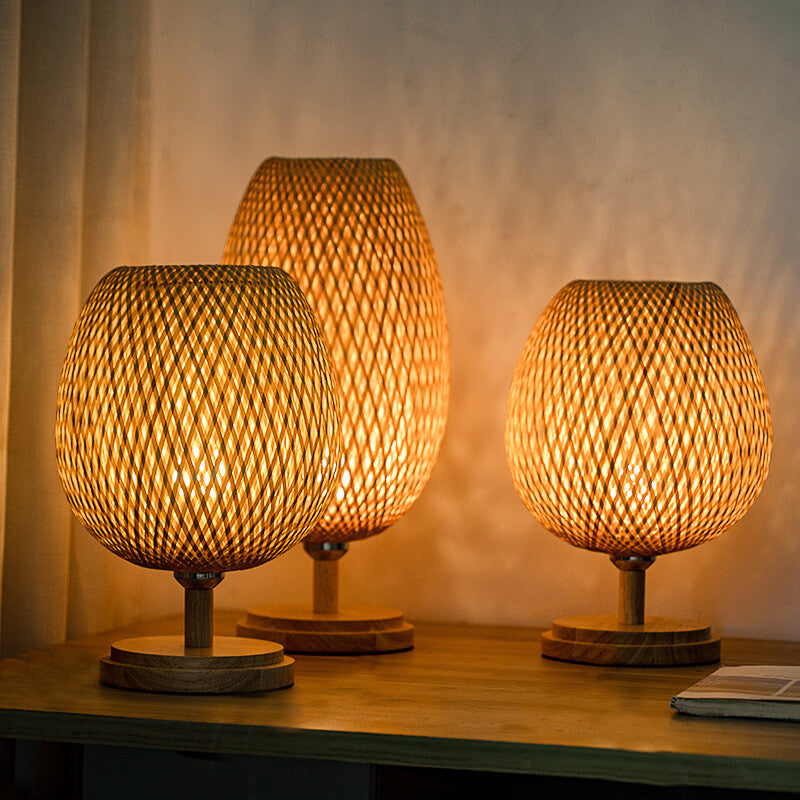 Traditional Chinese Moso Bamboo Wood Iron Weaving Oval Round 1-Light Table Lamp For Bedroom Lumendat