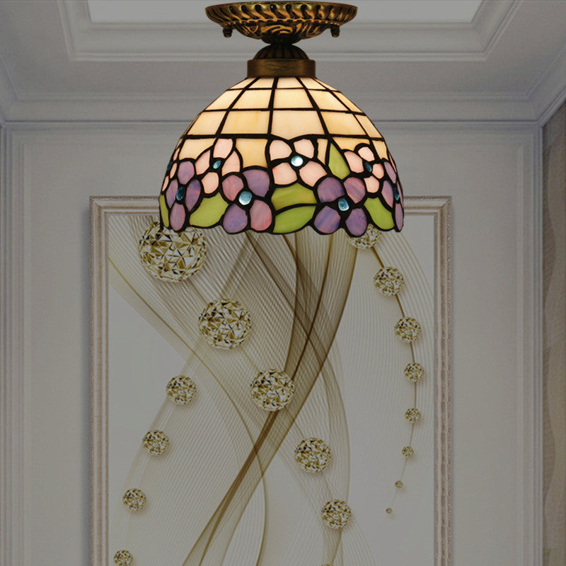 Traditional Tiffany Pastoral Purple Flower Stained Glass Bowl-shaped 1-light Semi-flush Mount Ceiling Light for Living Room