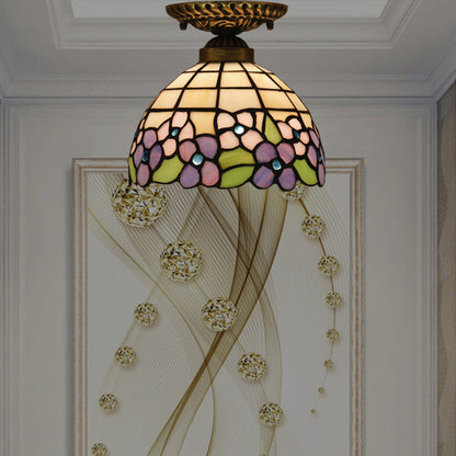 Traditional Tiffany Pastoral Purple Flower Stained Glass Bowl-shaped 1-light Semi-flush Mount Ceiling Light for Living Room