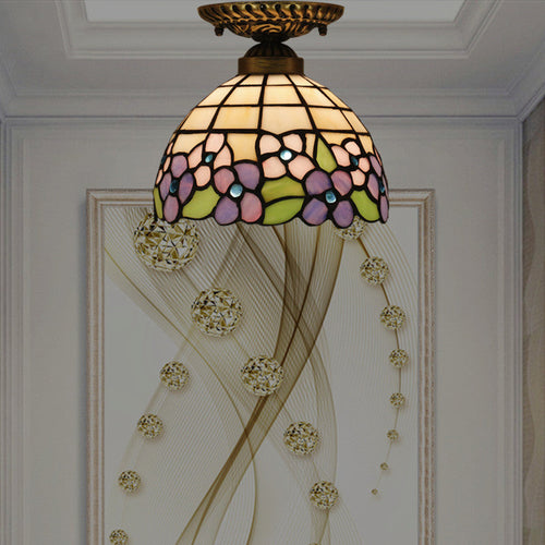 Traditional Tiffany Pastoral Purple Flower Stained Glass Bowl-shaped 1-light Semi-flush Mount Ceiling Light for Living Room