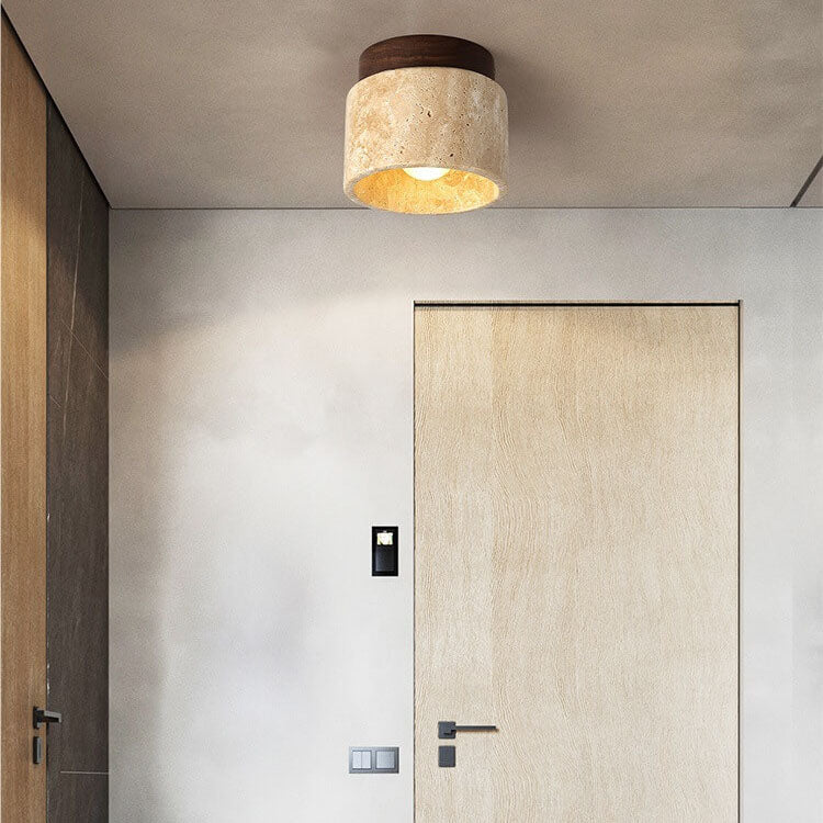Japanese Minimalist Round Yellow Travertine Shade 1-light Semi-flush Mount Ceiling Light
