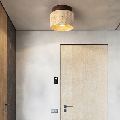 Japanese Minimalist Round Yellow Travertine Shade 1-light Semi-flush Mount Ceiling Light