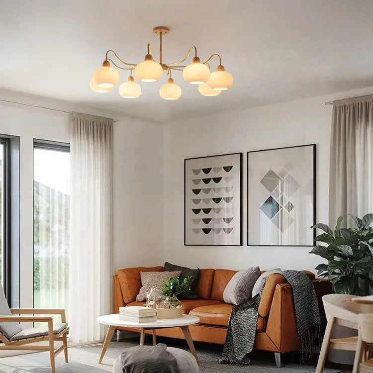 Nordic Japanese Glass Round Wood 3/6/8 Light Chandelier Lumendat