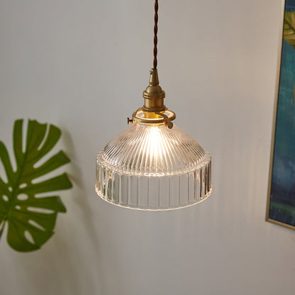 Contemporary Scandinavian Round Striped Glass Brass 1-light Pendant Light for Living Room